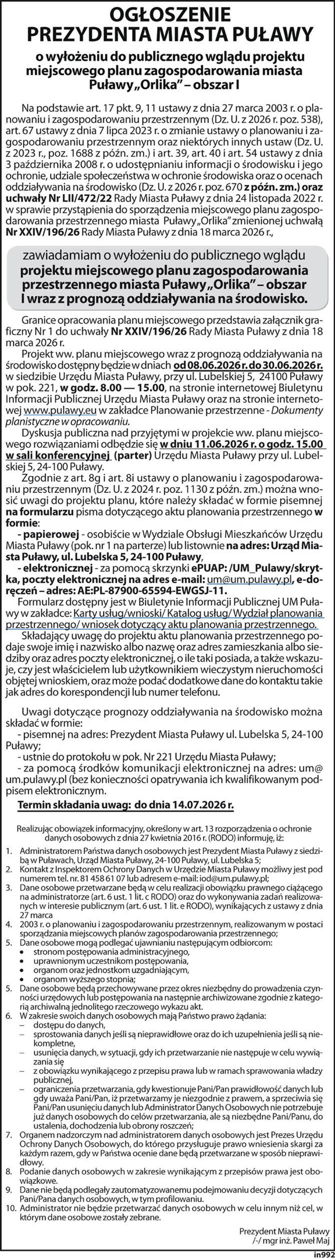 ogłoszenie Prezydenta Miasta Puławy