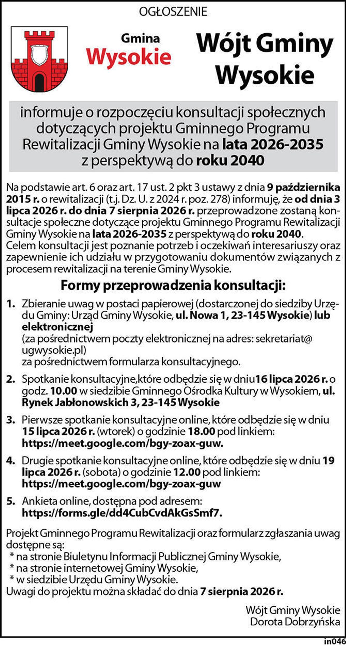ogłoszenie Wysokie