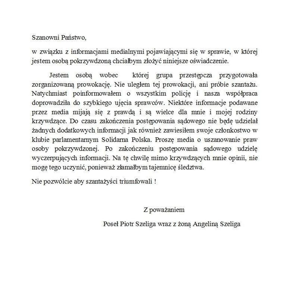 Oświadczenie posła Szeligi: "Nie uległem prowokacji, ani próbie szantażu"