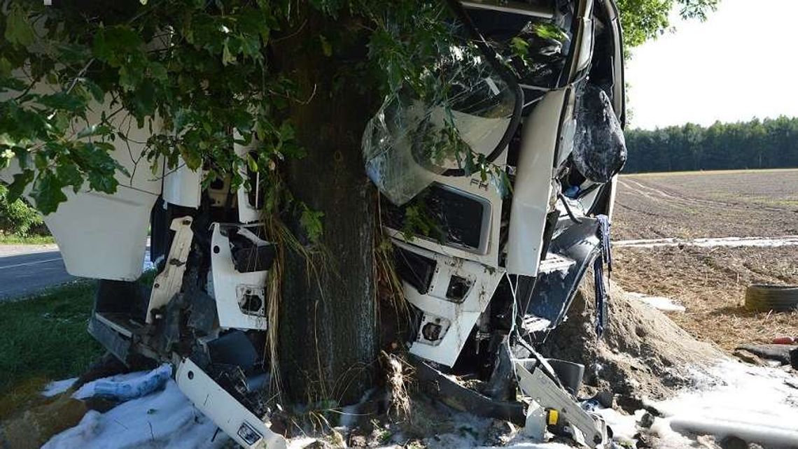 Pękła opona. Ciężarówka roztrzaskała się na drzewie [zdjęcia]