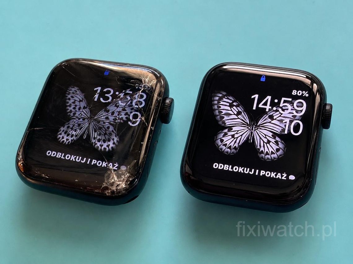 Pęknięta szybka Apple Watch – czy zawsze oznacza kosztowną naprawę? Pęknięta szybka Apple Watch przed i po naprawie