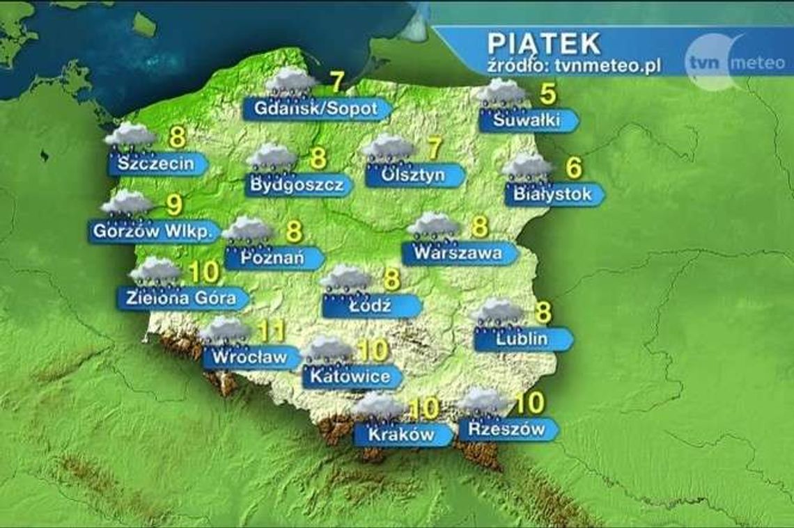 Piątek pochmurny, deszczowy i wietrzny