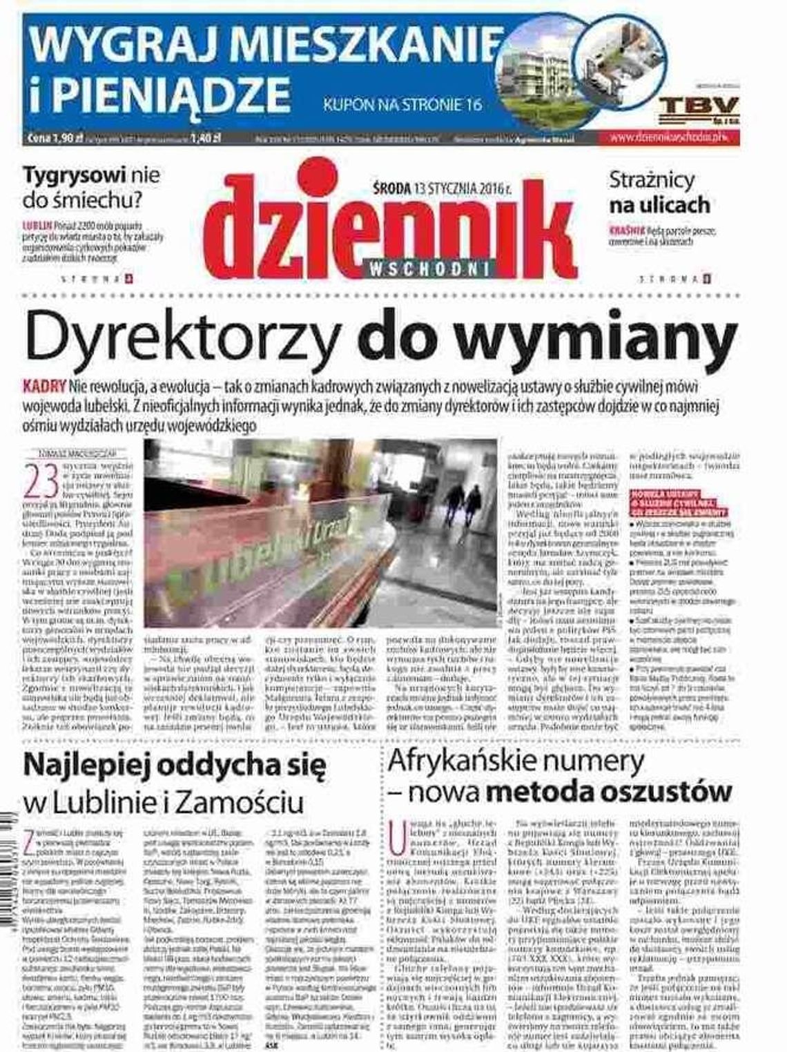 Pierwsza strona Dziennika Wschodniego 13 stycznia 2016