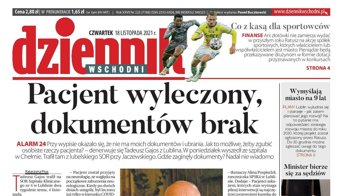 Pierwsza strona Dziennika Wschodniego 18 listopada 2021 r.