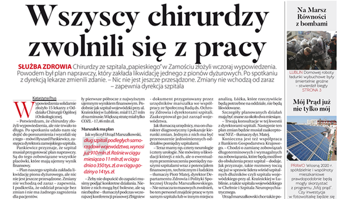 Pierwsza strona Dziennika Wschodniego 21.11.2019