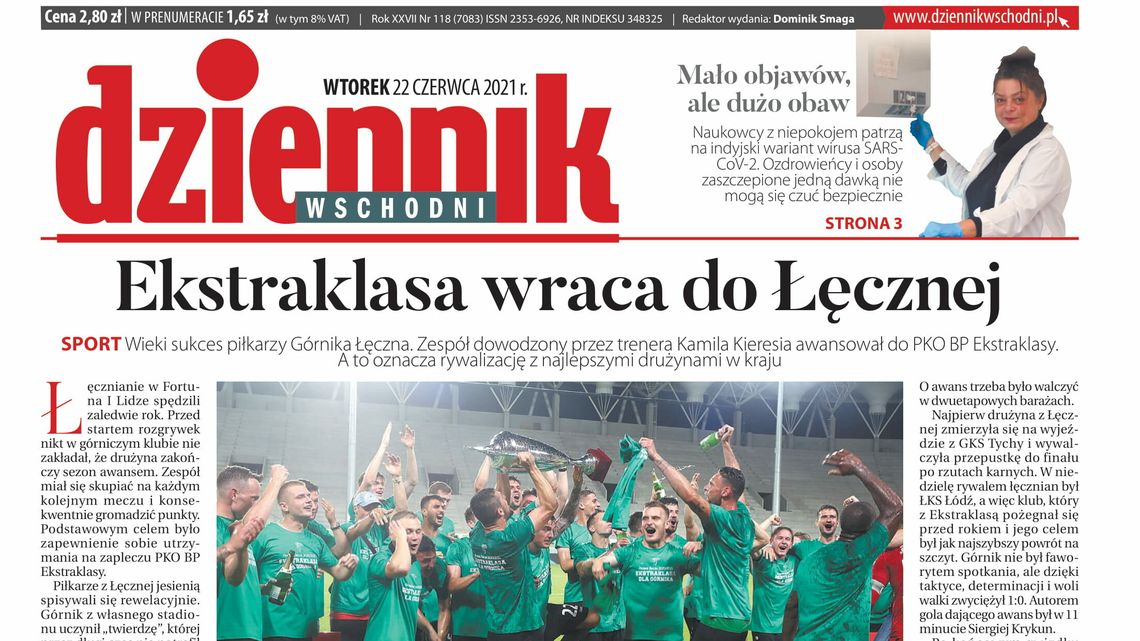 Pierwsza strona Dziennika Wschodniego 22 czerwca 2021 r.