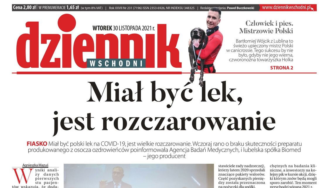 Pierwsza strona Dziennika Wschodniego 30 listopada 2021 r. 