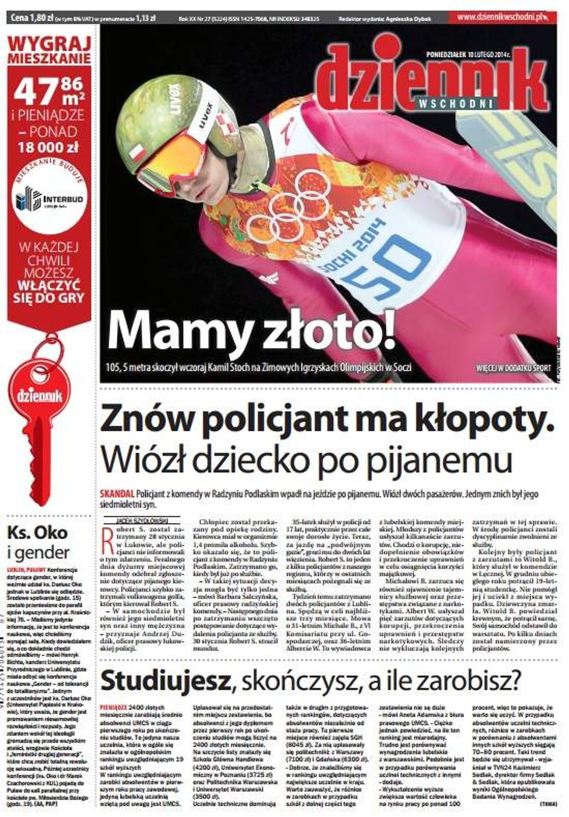 Pierwsza strona Dziennika Wschodniego, wydanie z 10 lutego 2014 roku