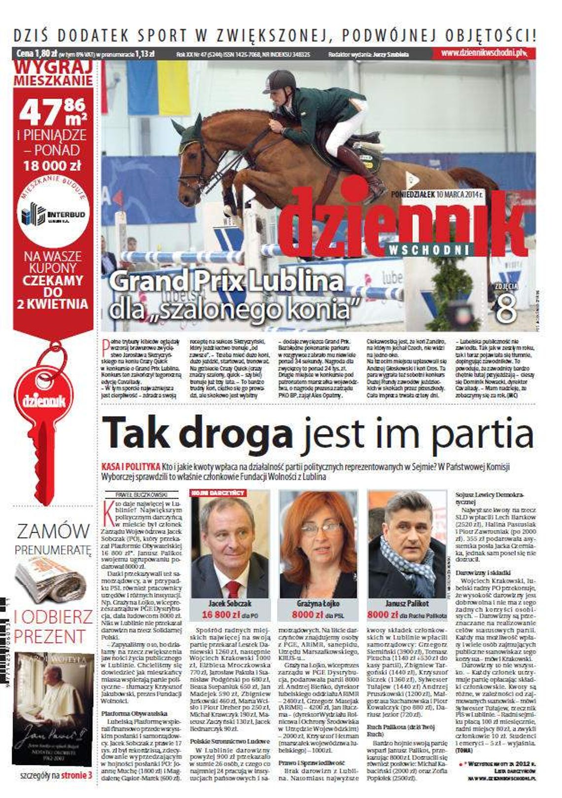 Pierwsza strona Dziennika Wschodniego, wydanie z 10 marca 2014 roku