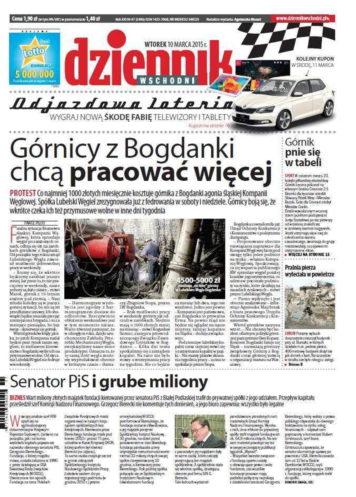 Pierwsza strona Dziennika Wschodniego, wydanie z 10 marca 2015 roku