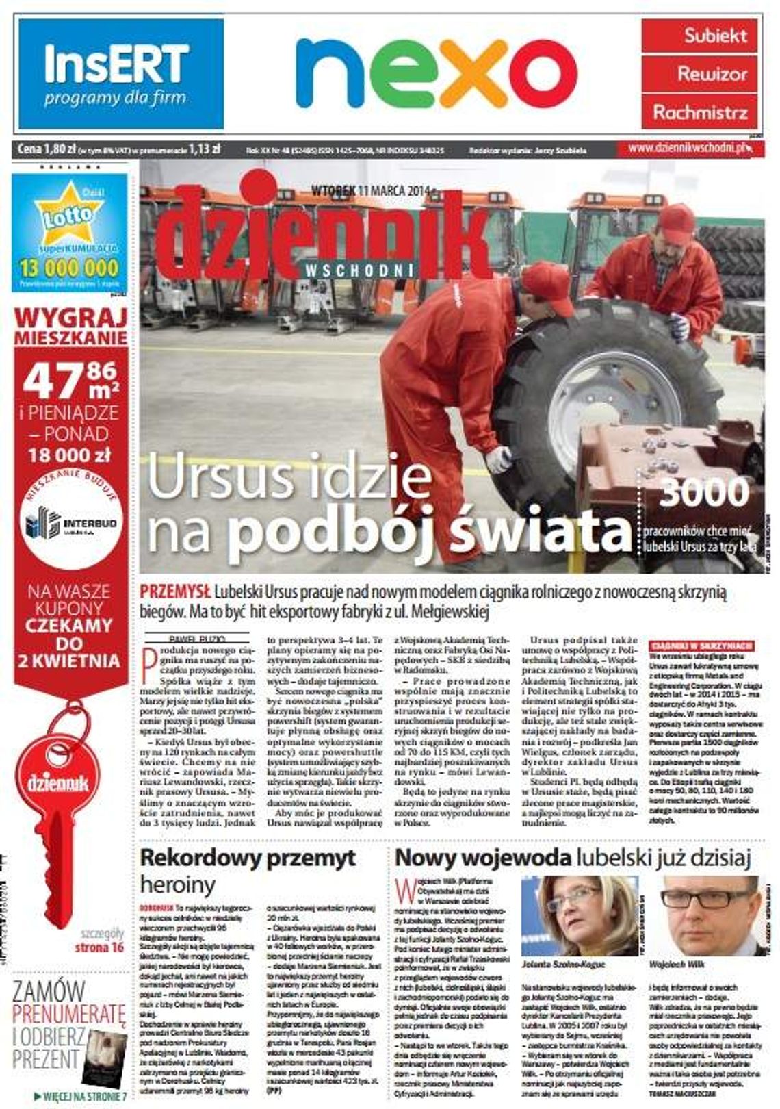 Pierwsza strona Dziennika Wschodniego, wydanie z 11 marca 2014 roku