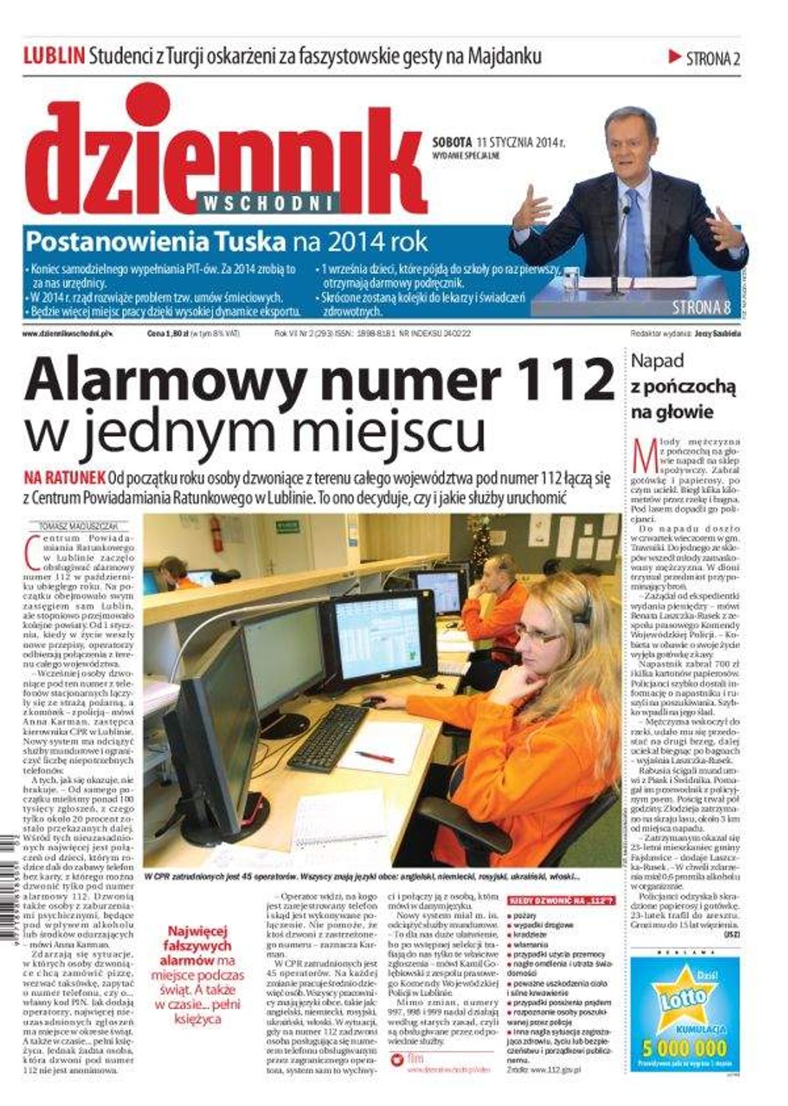 Pierwsza strona Dziennika Wschodniego, wydanie z 11 stycznia 2014 roku