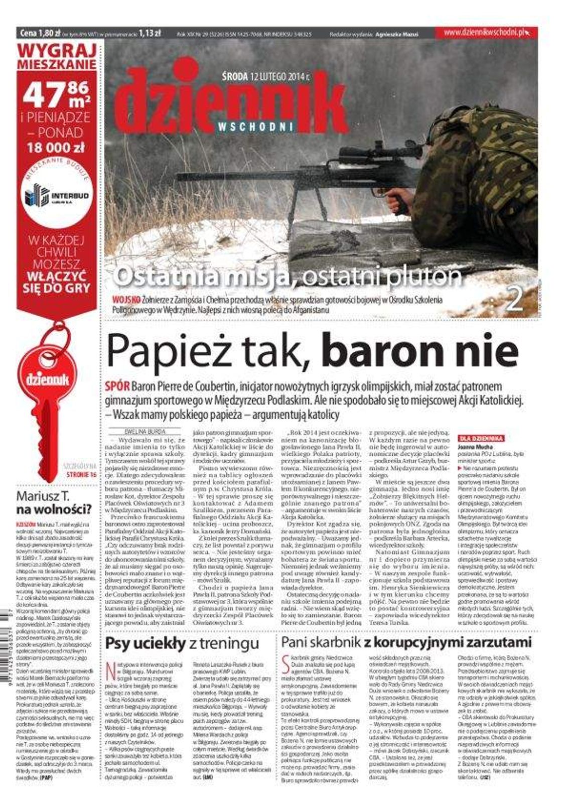 Pierwsza strona Dziennika Wschodniego, wydanie z 12 lutego 2014 roku