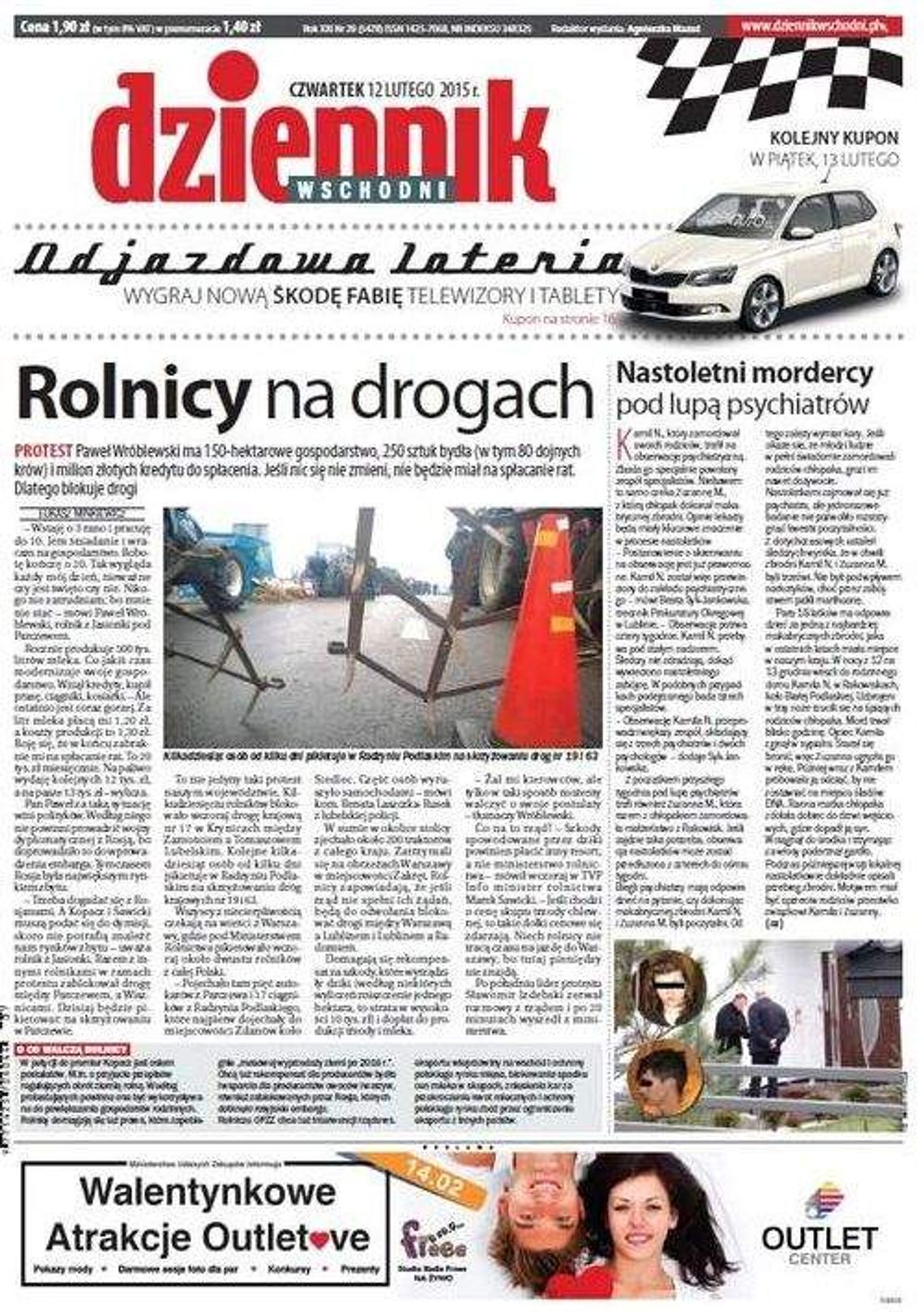Pierwsza strona Dziennika Wschodniego, wydanie z 12 lutego 2015 roku