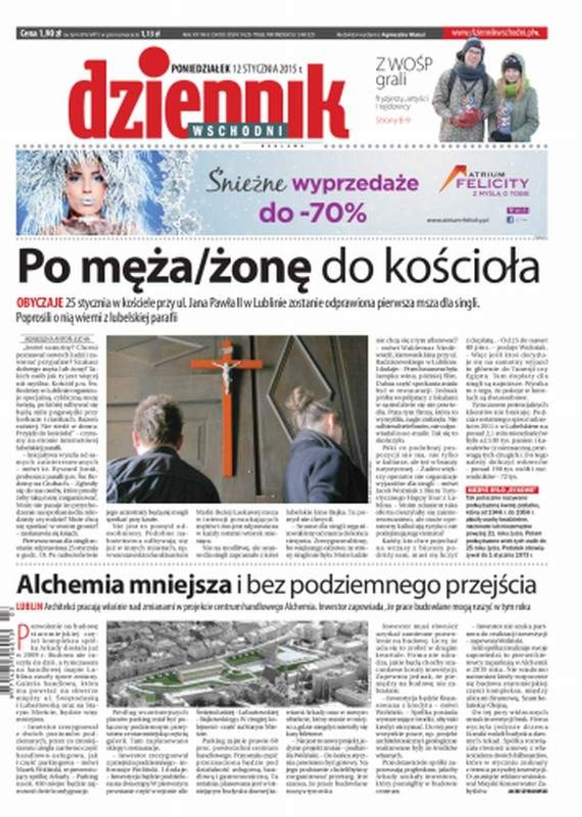 Pierwsza strona Dziennika Wschodniego, wydanie z 12 stycznia 2015 roku