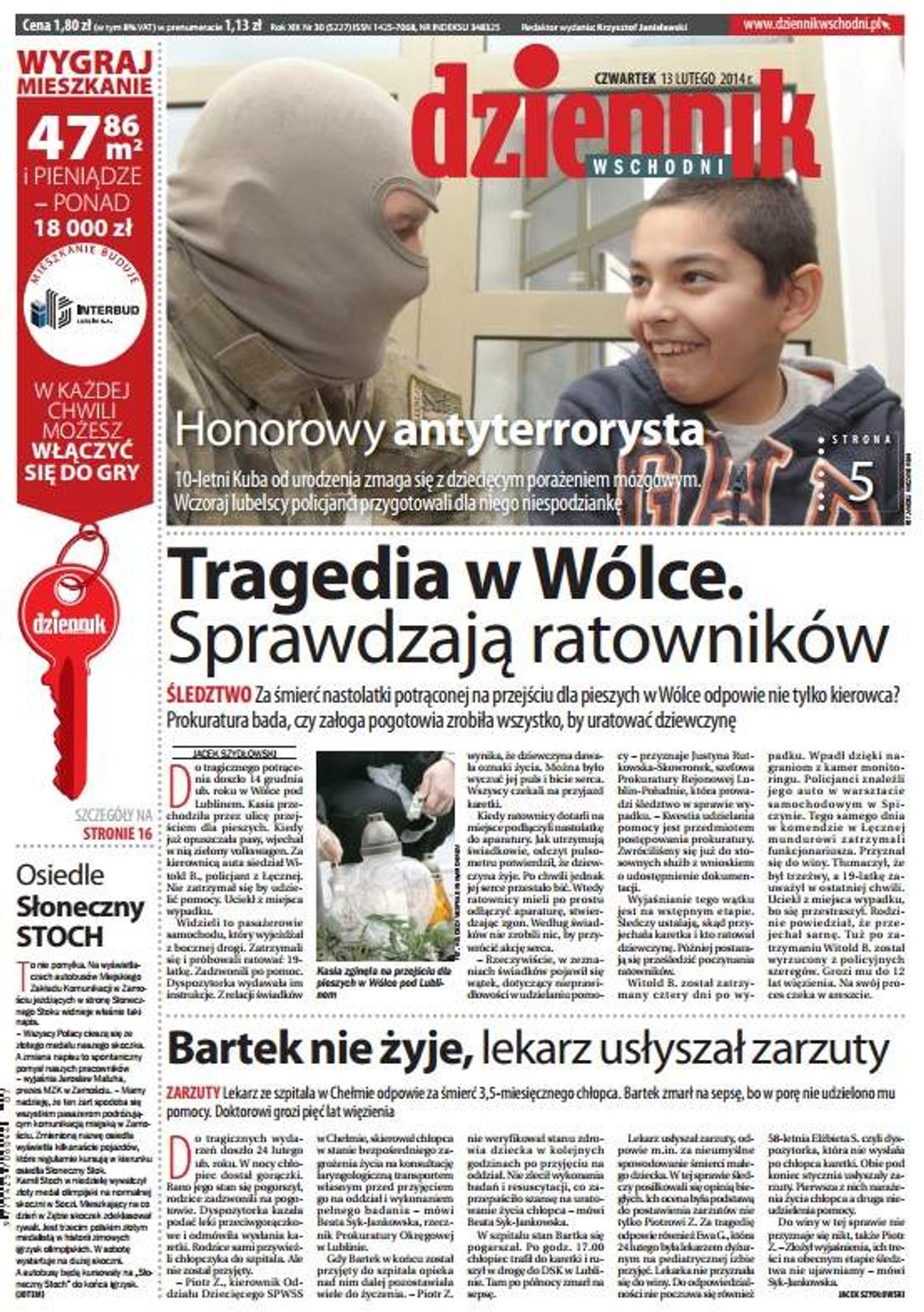 Pierwsza strona Dziennika Wschodniego, wydanie z 13 lutego 2014 roku