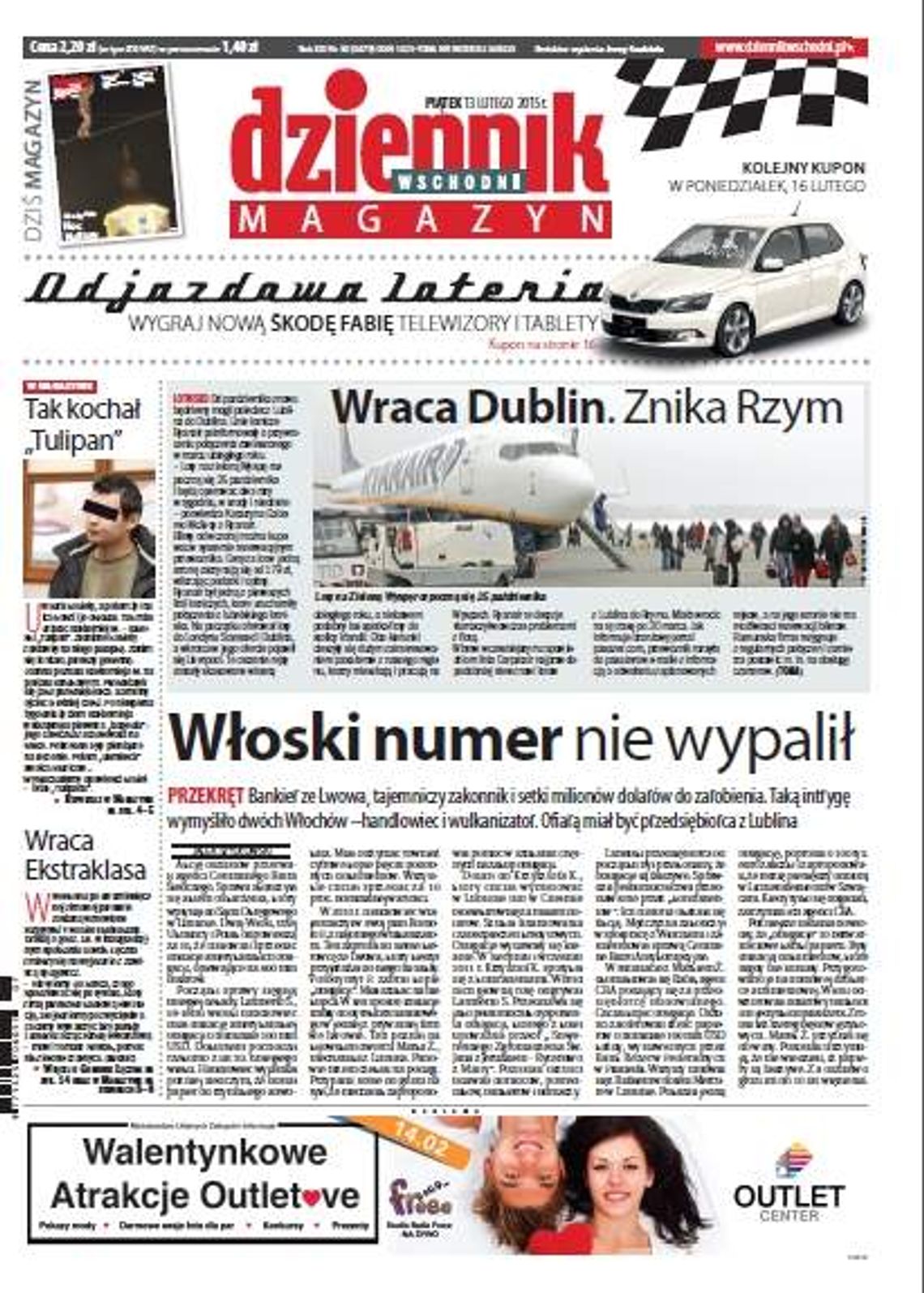 Pierwsza strona Dziennika Wschodniego, wydanie z 13 lutego 2015 roku