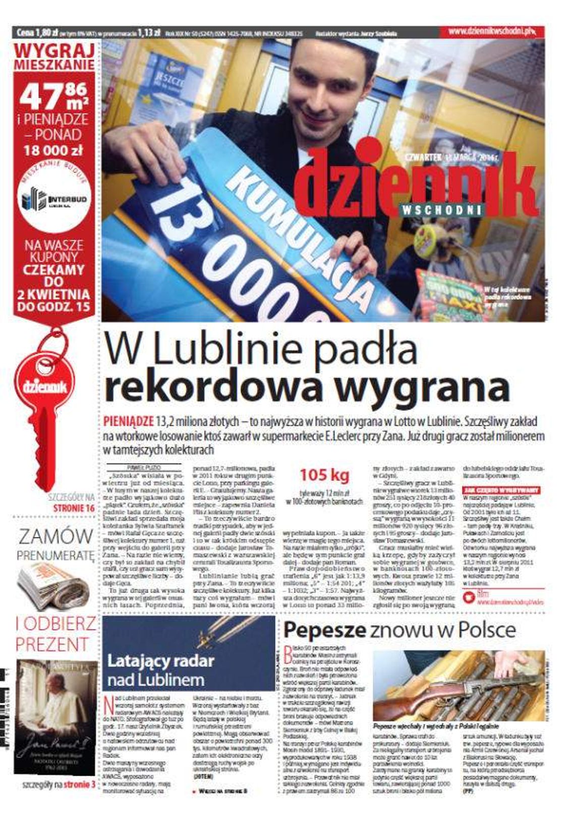 Pierwsza strona Dziennika Wschodniego, wydanie z 13 marca 2014 roku