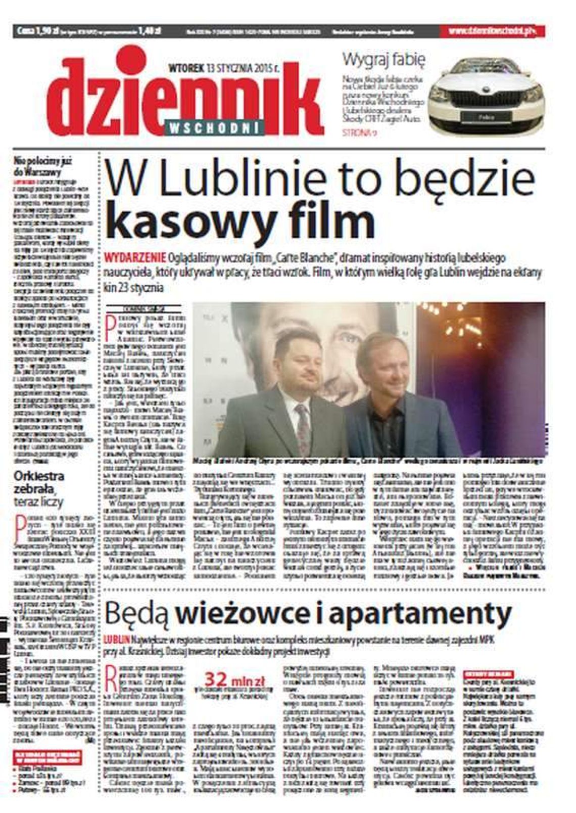 Pierwsza strona Dziennika Wschodniego, wydanie z 13 stycznia 2015 roku