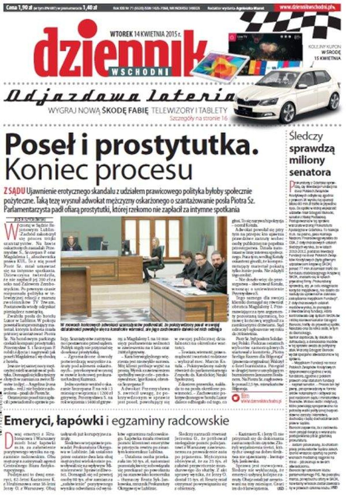 Pierwsza strona Dziennika Wschodniego, wydanie z 14 kwietnia 2015 roku