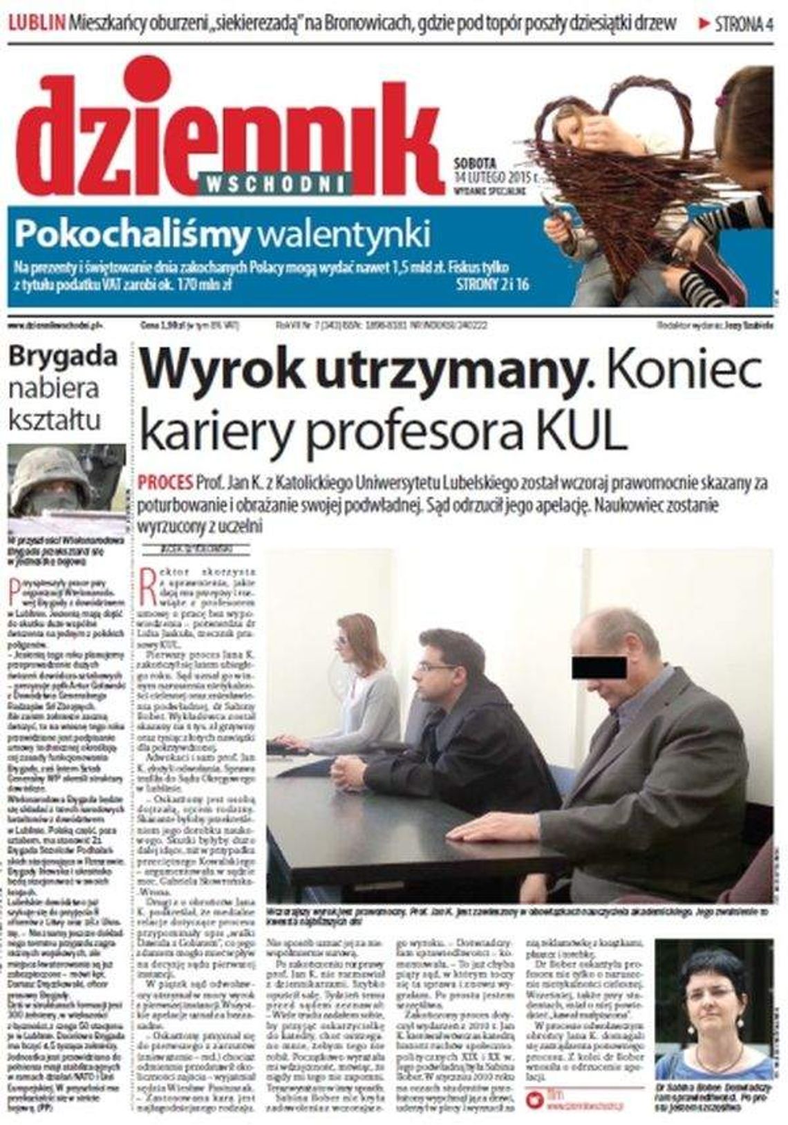 Pierwsza strona Dziennika Wschodniego, wydanie z 14 lutego 2015 roku