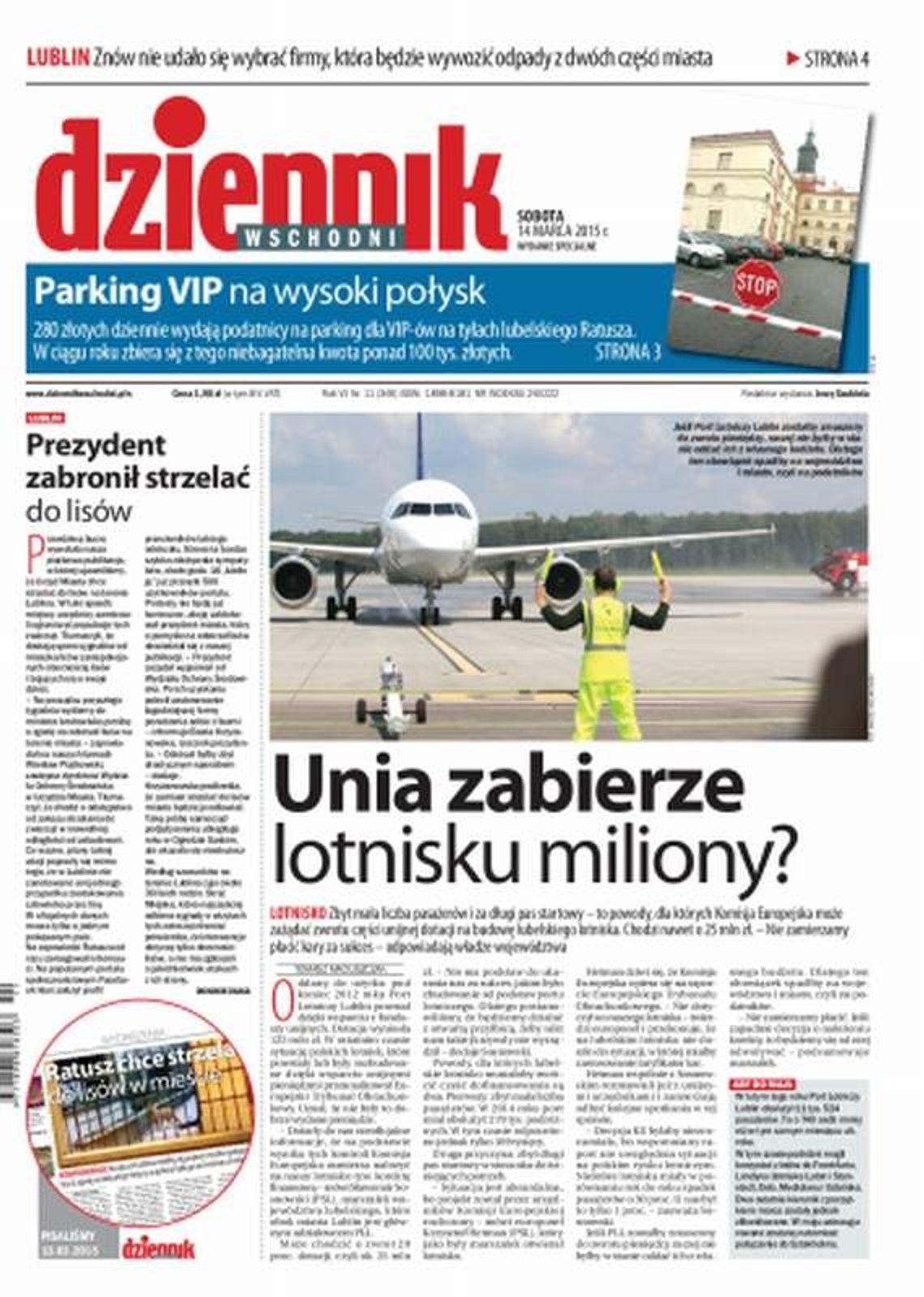 Pierwsza strona Dziennika Wschodniego, wydanie z 14 marca 2015 roku