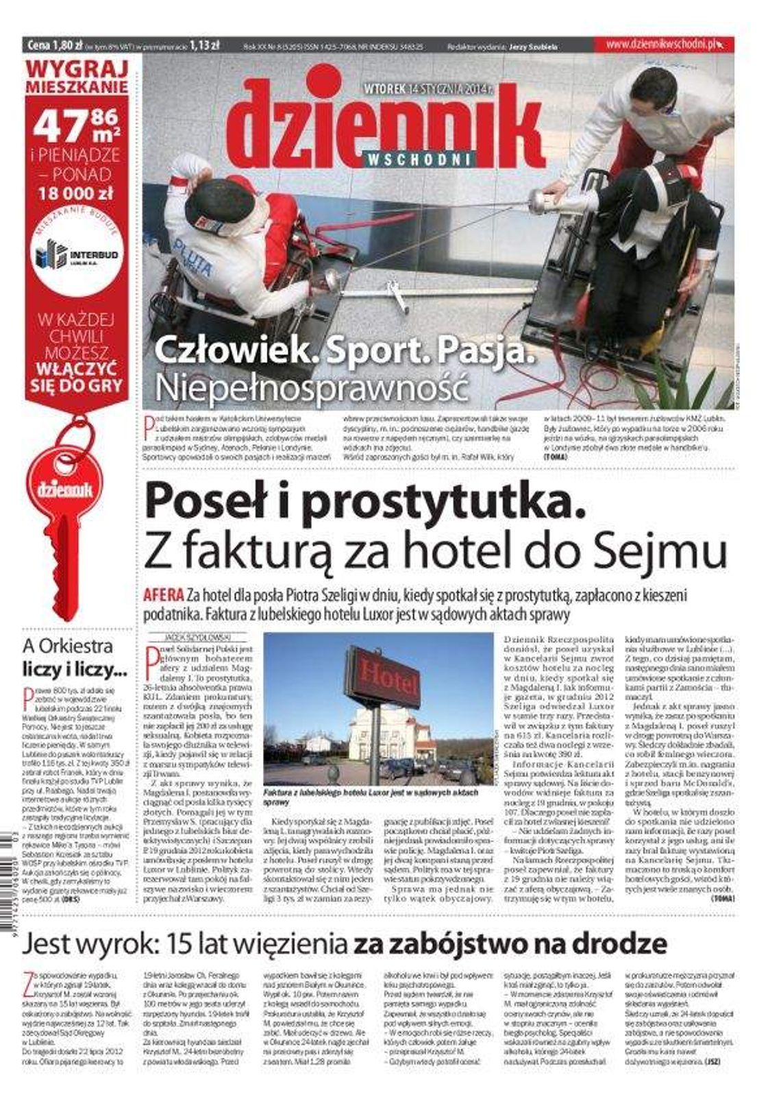 Pierwsza strona Dziennika Wschodniego, wydanie z 14 stycznia 2014 roku