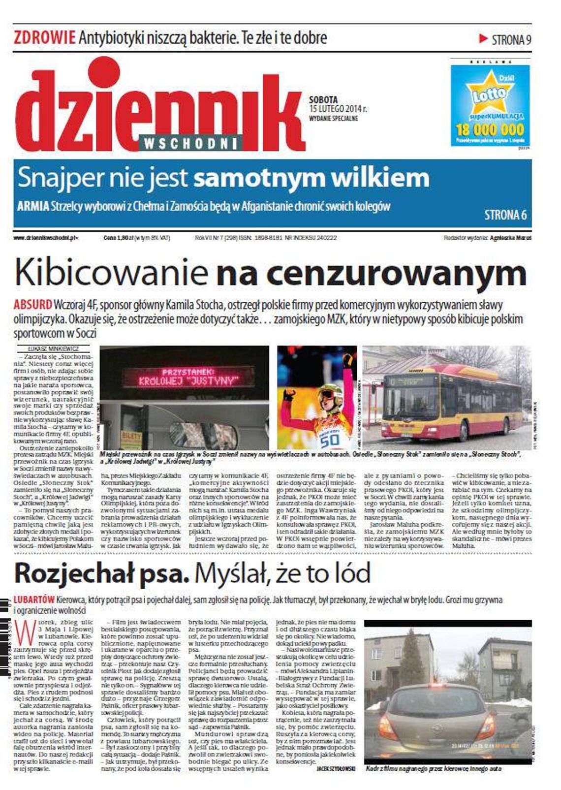 Pierwsza strona Dziennika Wschodniego, wydanie z 15 lutego 2014 roku