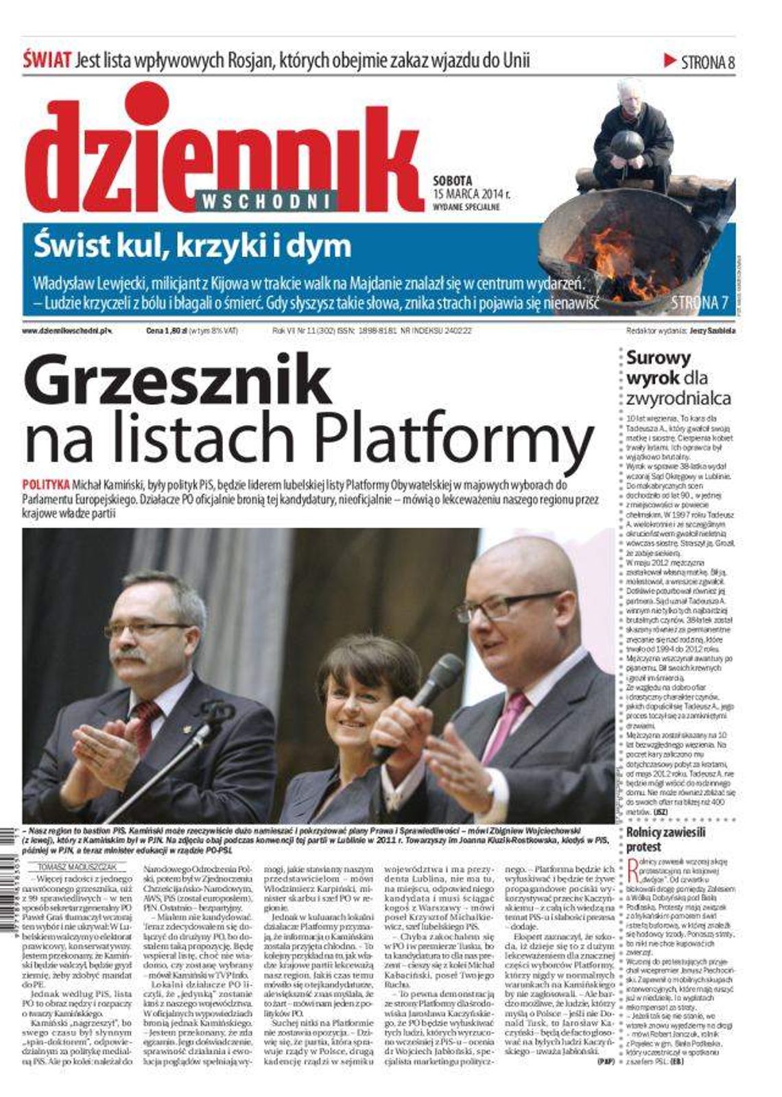 Pierwsza strona Dziennika Wschodniego, wydanie z 15 marca 2014 roku