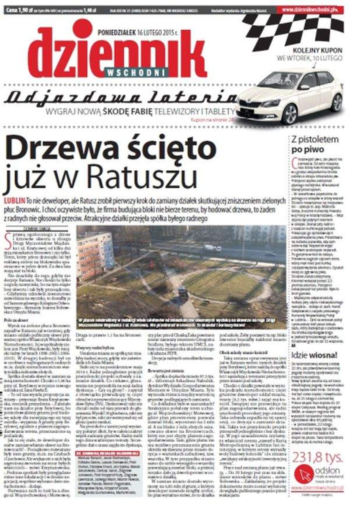 Pierwsza strona Dziennika Wschodniego, wydanie z 16 lutego 2015 roku