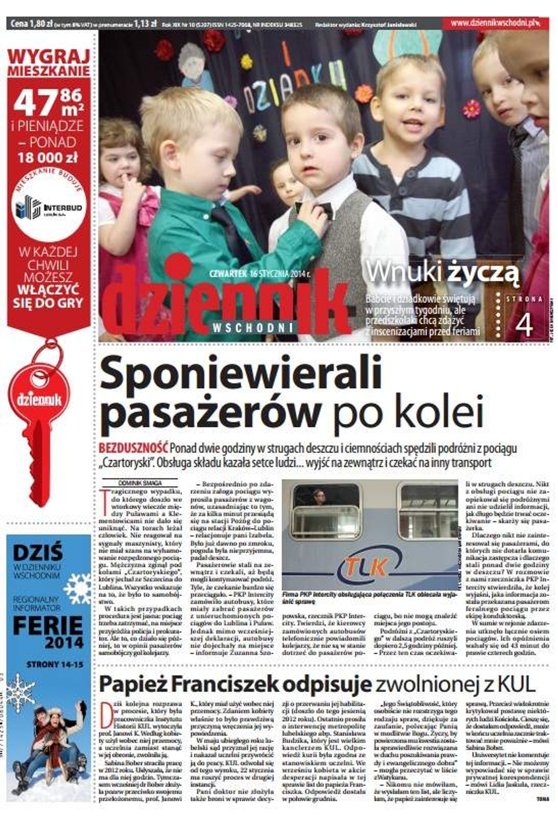 Pierwsza strona Dziennika Wschodniego, wydanie z 16 stycznia 2014 roku