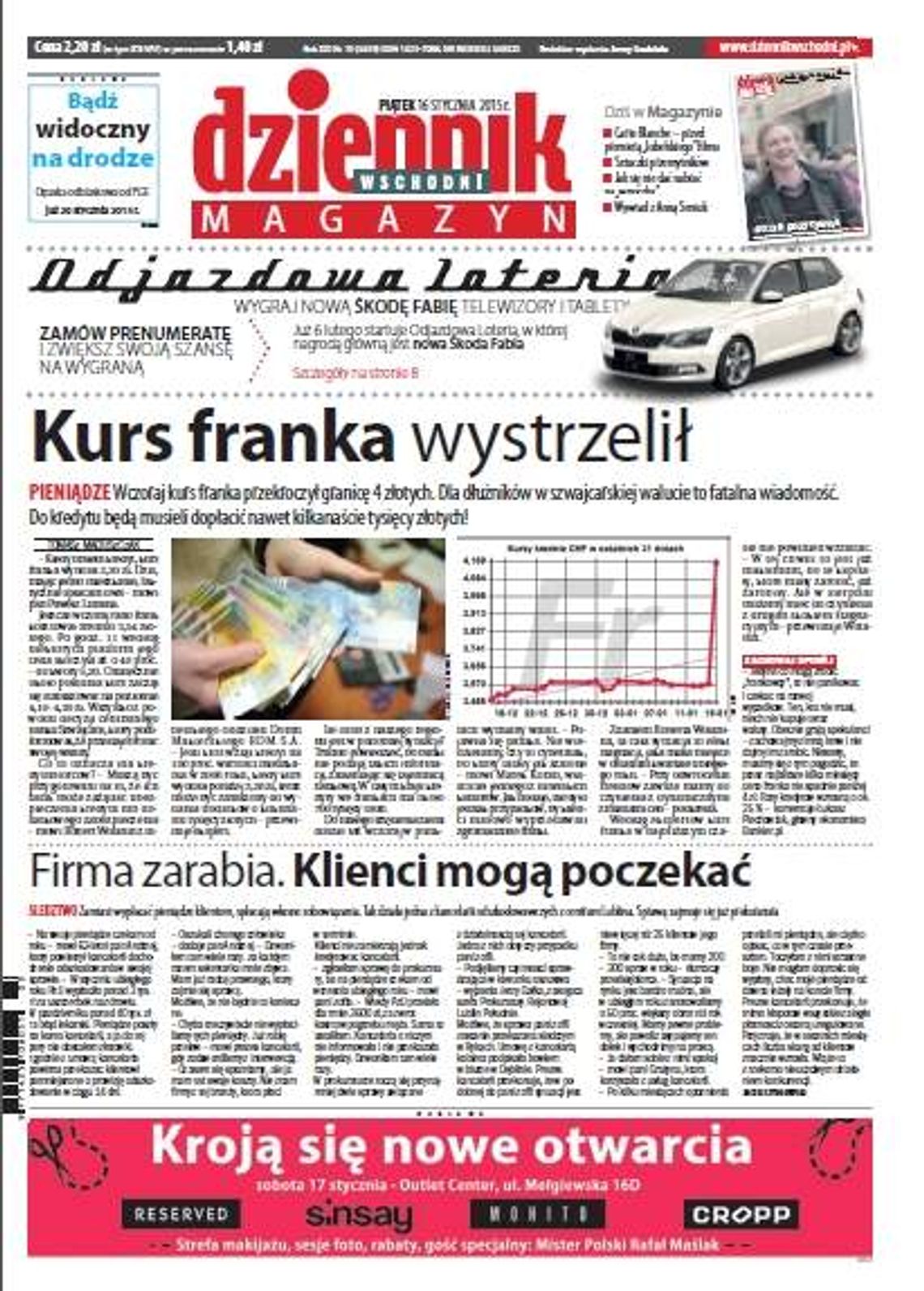 Pierwsza strona Dziennika Wschodniego, wydanie z 16 stycznia 2015 roku