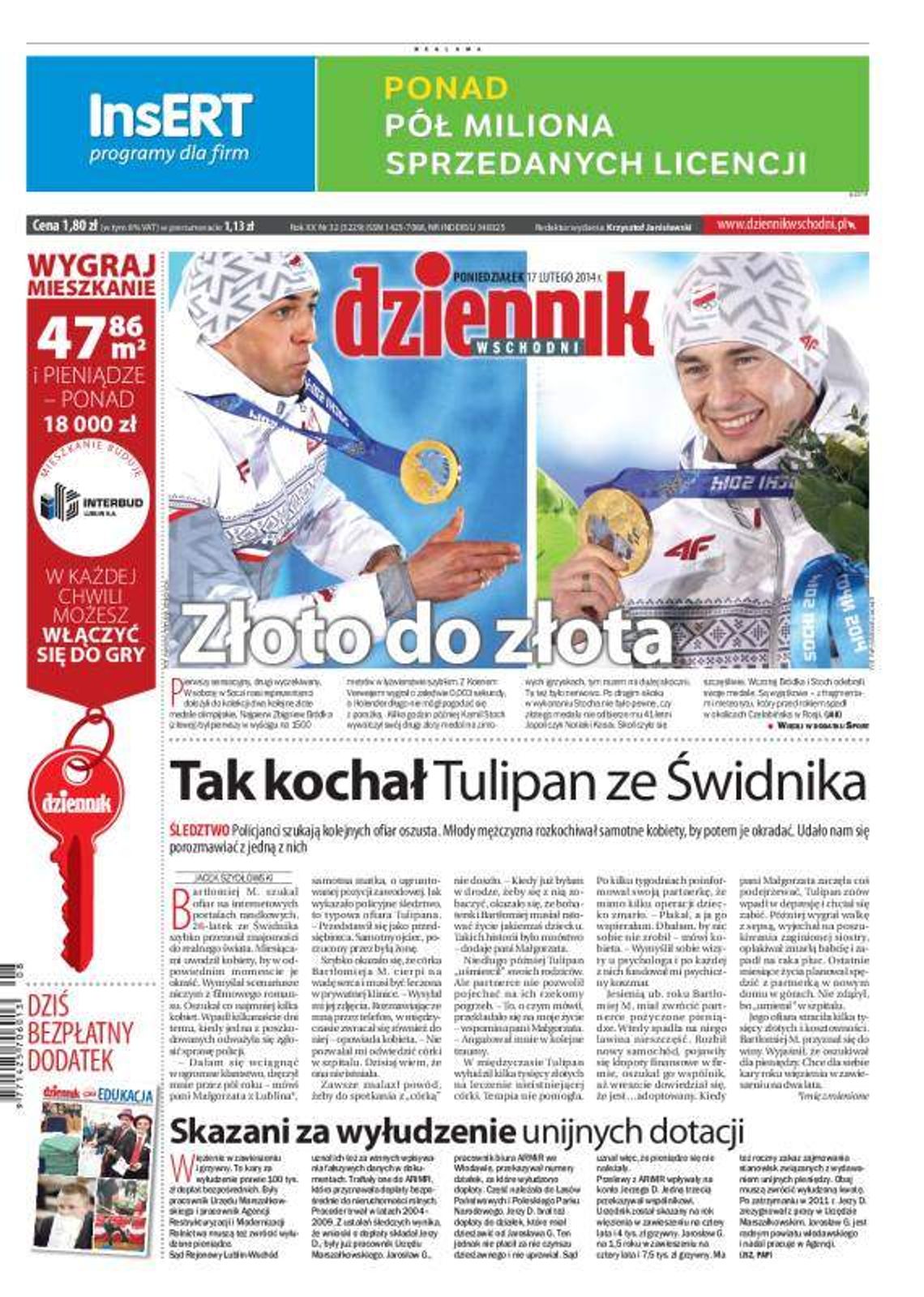 Pierwsza strona Dziennika Wschodniego, wydanie z 17 lutego 2014 roku