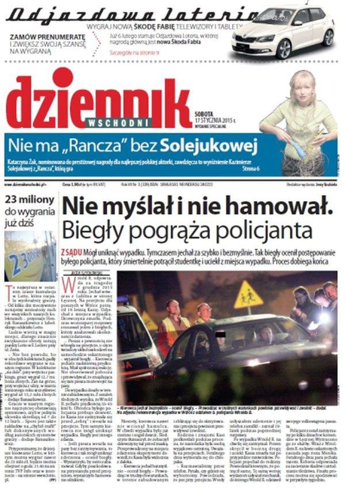 Pierwsza strona Dziennika Wschodniego, wydanie z 17 stycznia 2015 roku