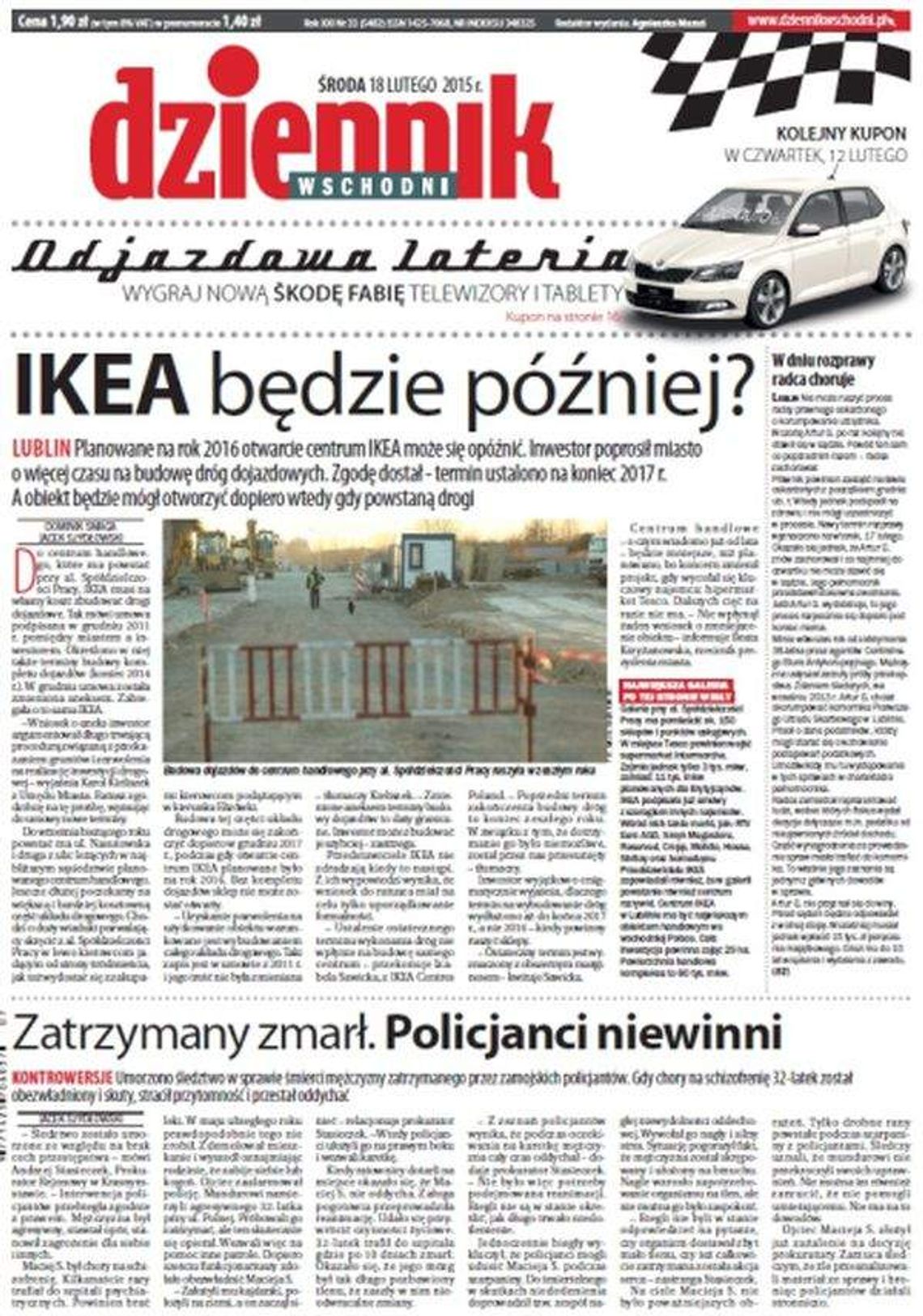 Pierwsza strona Dziennika Wschodniego, wydanie z 18 lutego 2015 roku