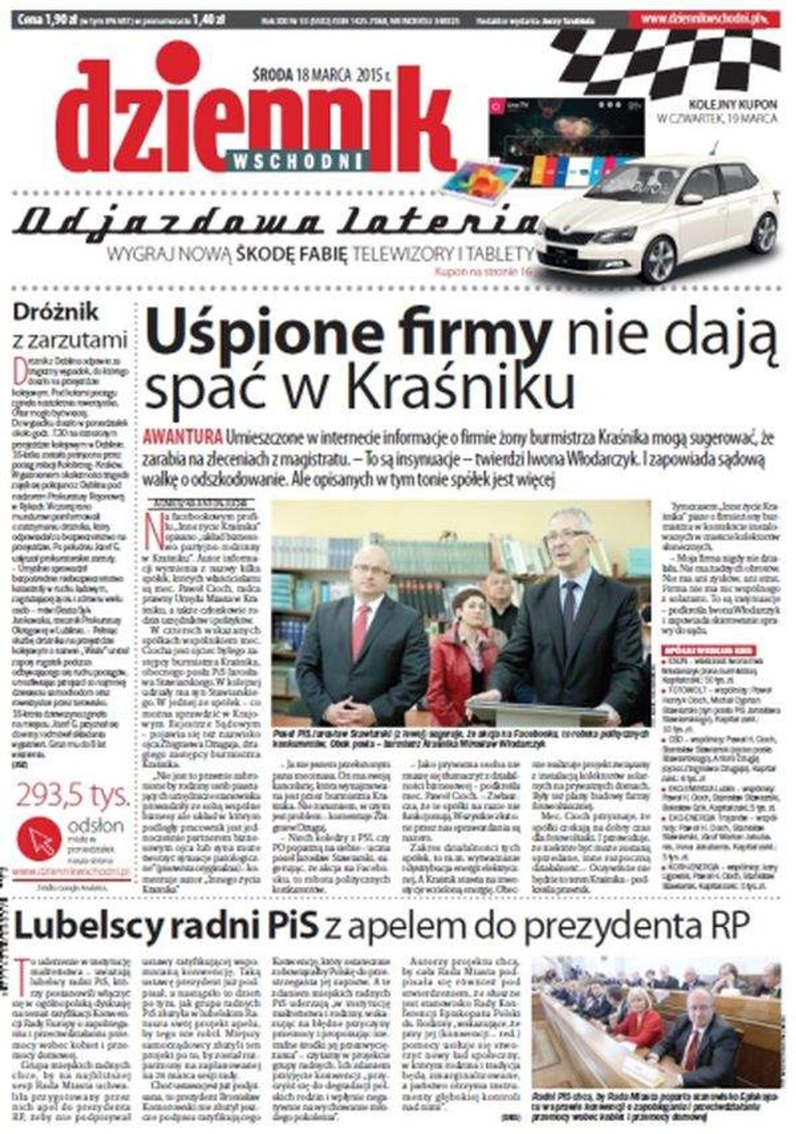 Pierwsza strona Dziennika Wschodniego, wydanie z 18 marca 2015 roku