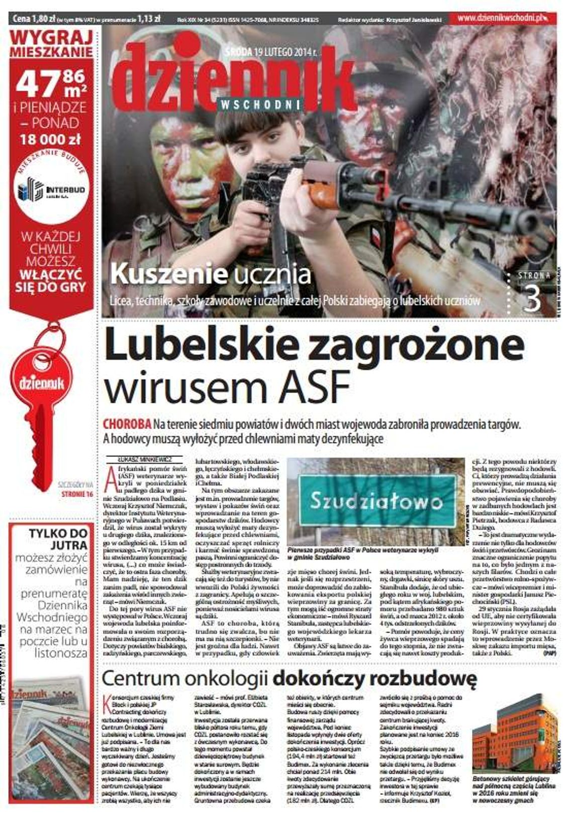 Pierwsza strona Dziennika Wschodniego, wydanie z 19 lutego 2014 roku