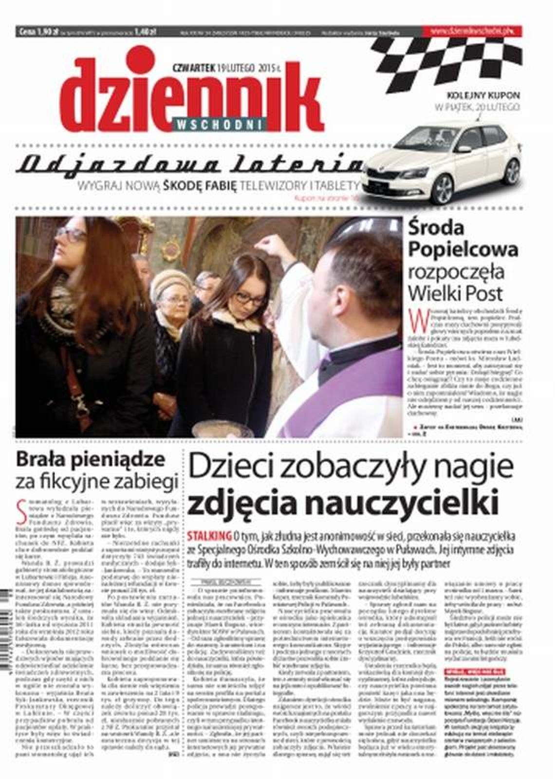 Pierwsza strona Dziennika Wschodniego, wydanie z 19 lutego 2015 roku