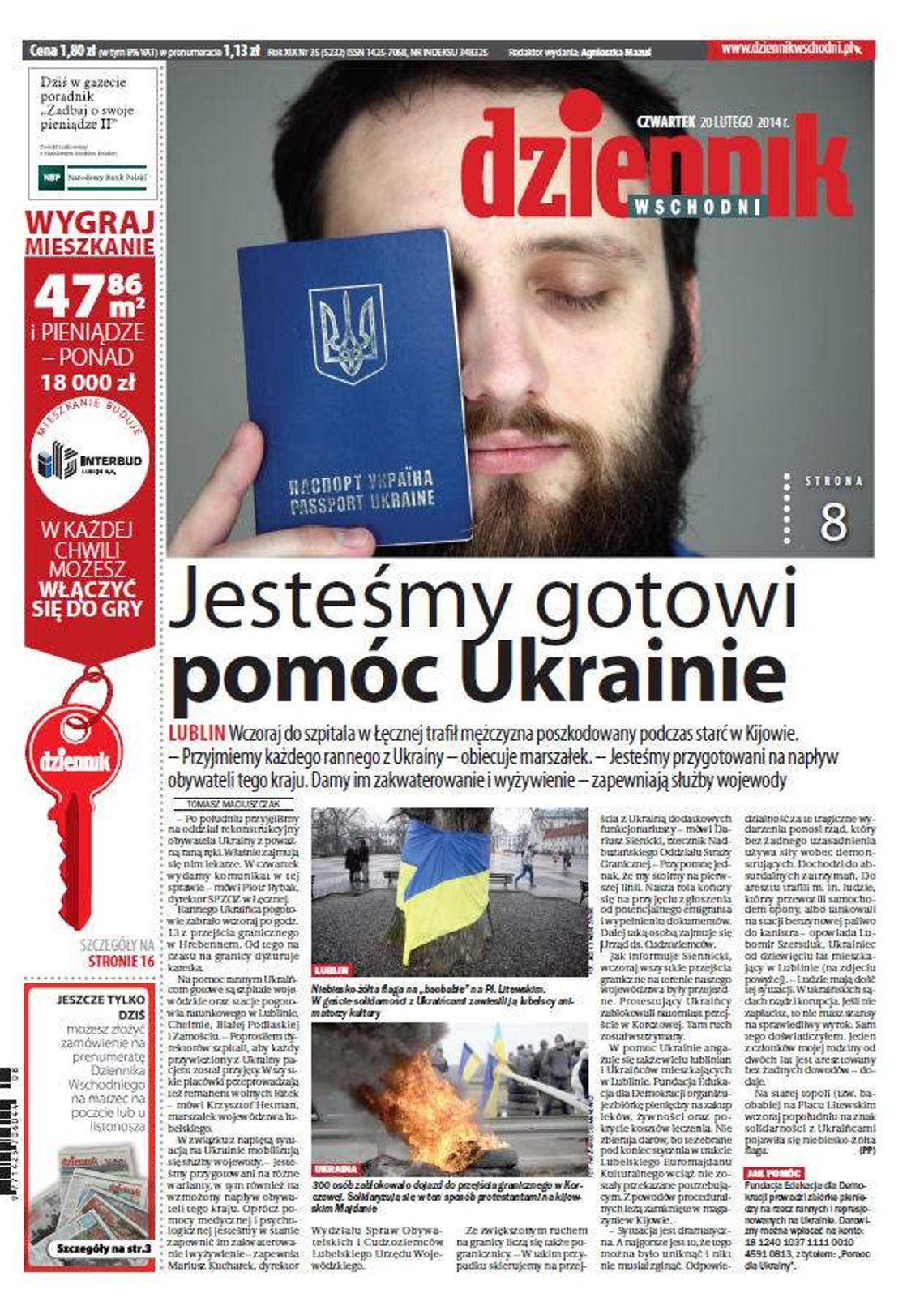 Pierwsza strona Dziennika Wschodniego, wydanie z 20 lutego 2014 roku