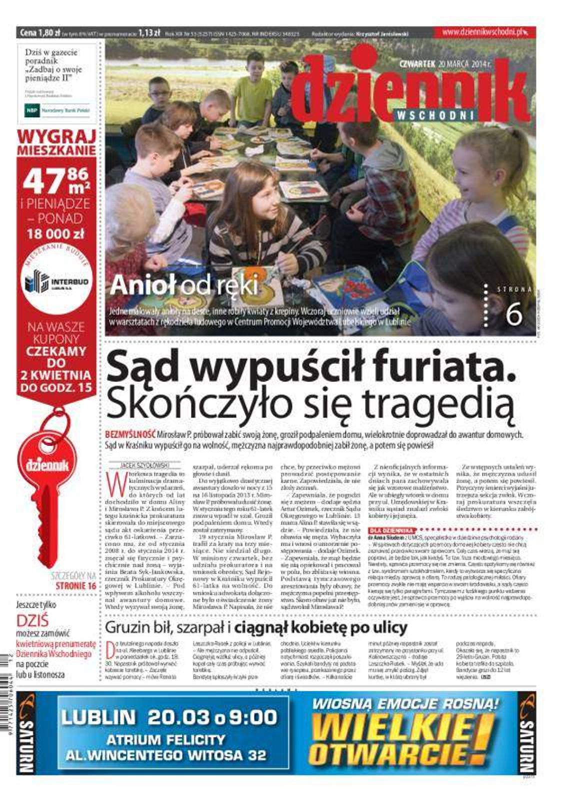 Pierwsza strona Dziennika Wschodniego, wydanie z 20 marca 2014 roku