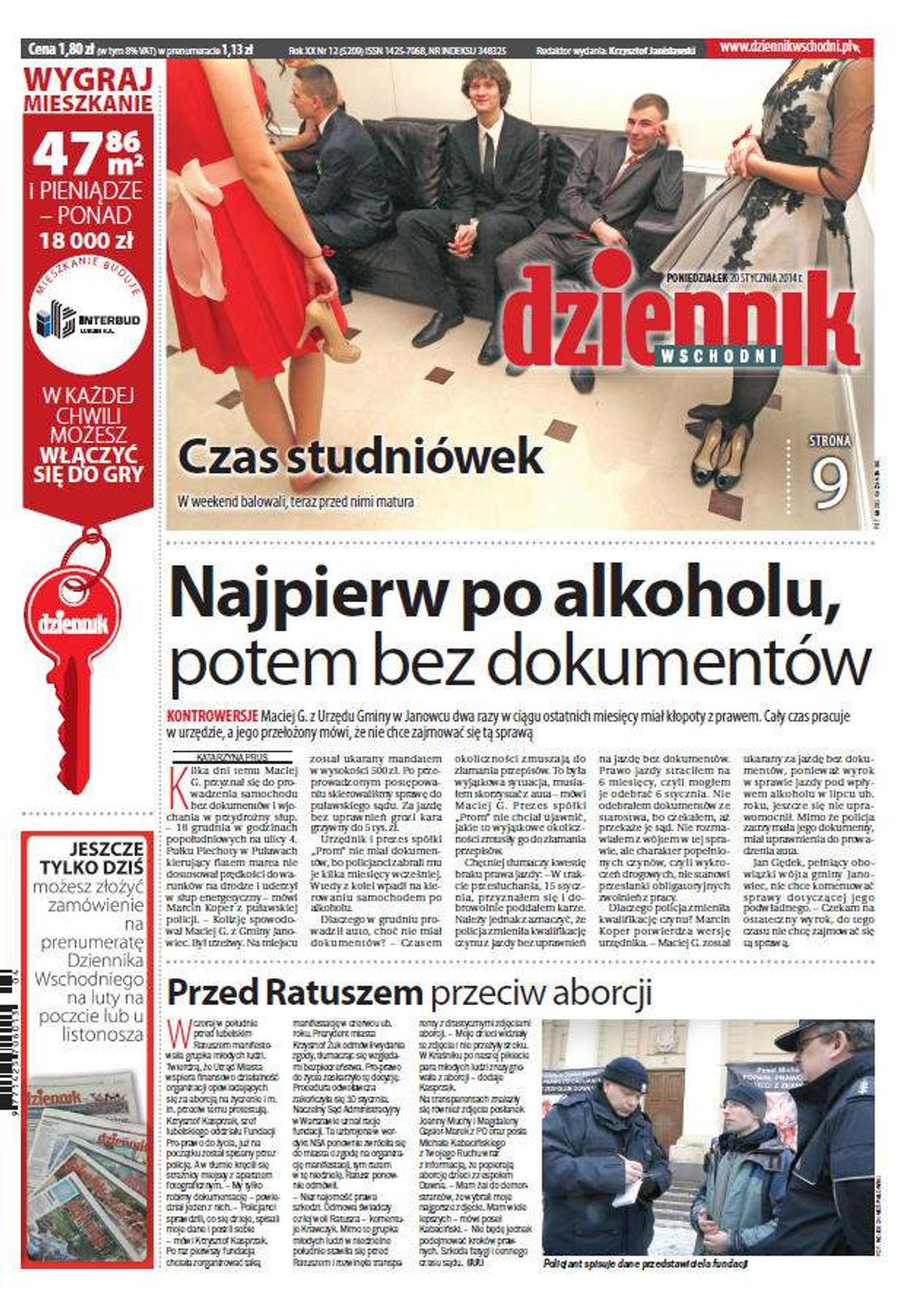 Pierwsza strona Dziennika Wschodniego, wydanie z 20 stycznia 2014 roku