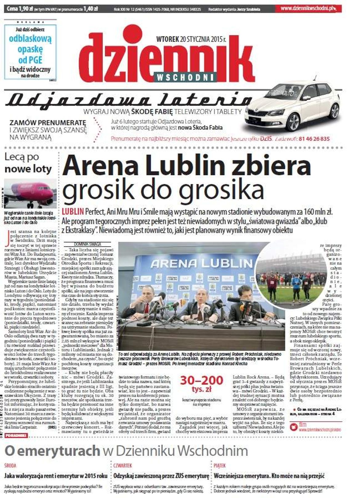 Pierwsza strona Dziennika Wschodniego, wydanie z 20 stycznia 2015 roku