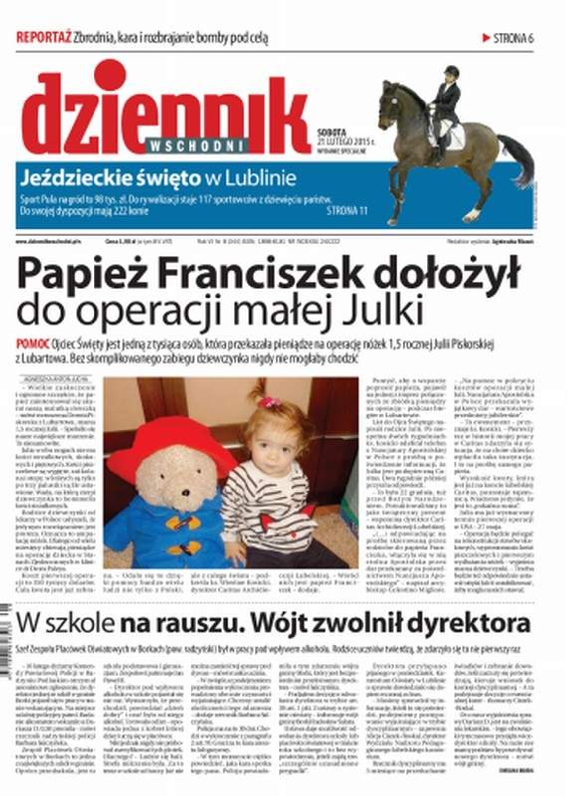 Pierwsza strona Dziennika Wschodniego, wydanie z 21 lutego 2015 roku