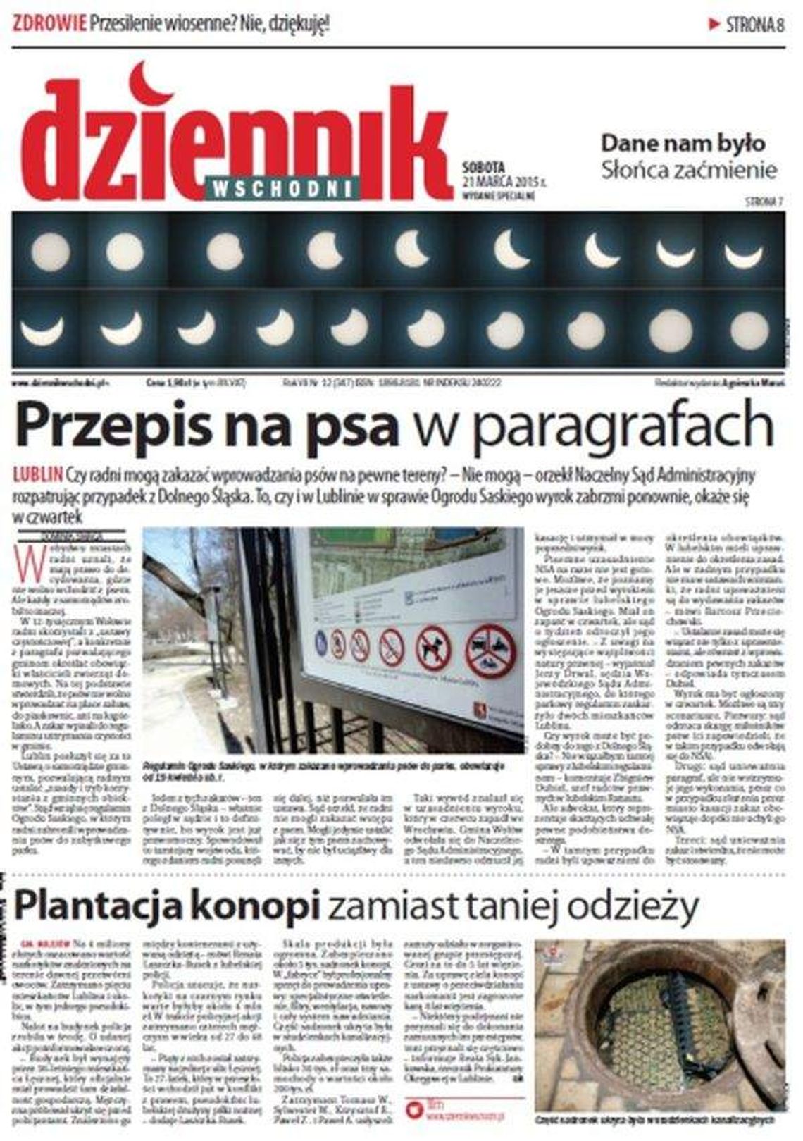 Pierwsza strona Dziennika Wschodniego, wydanie z 21 marca 2015 roku