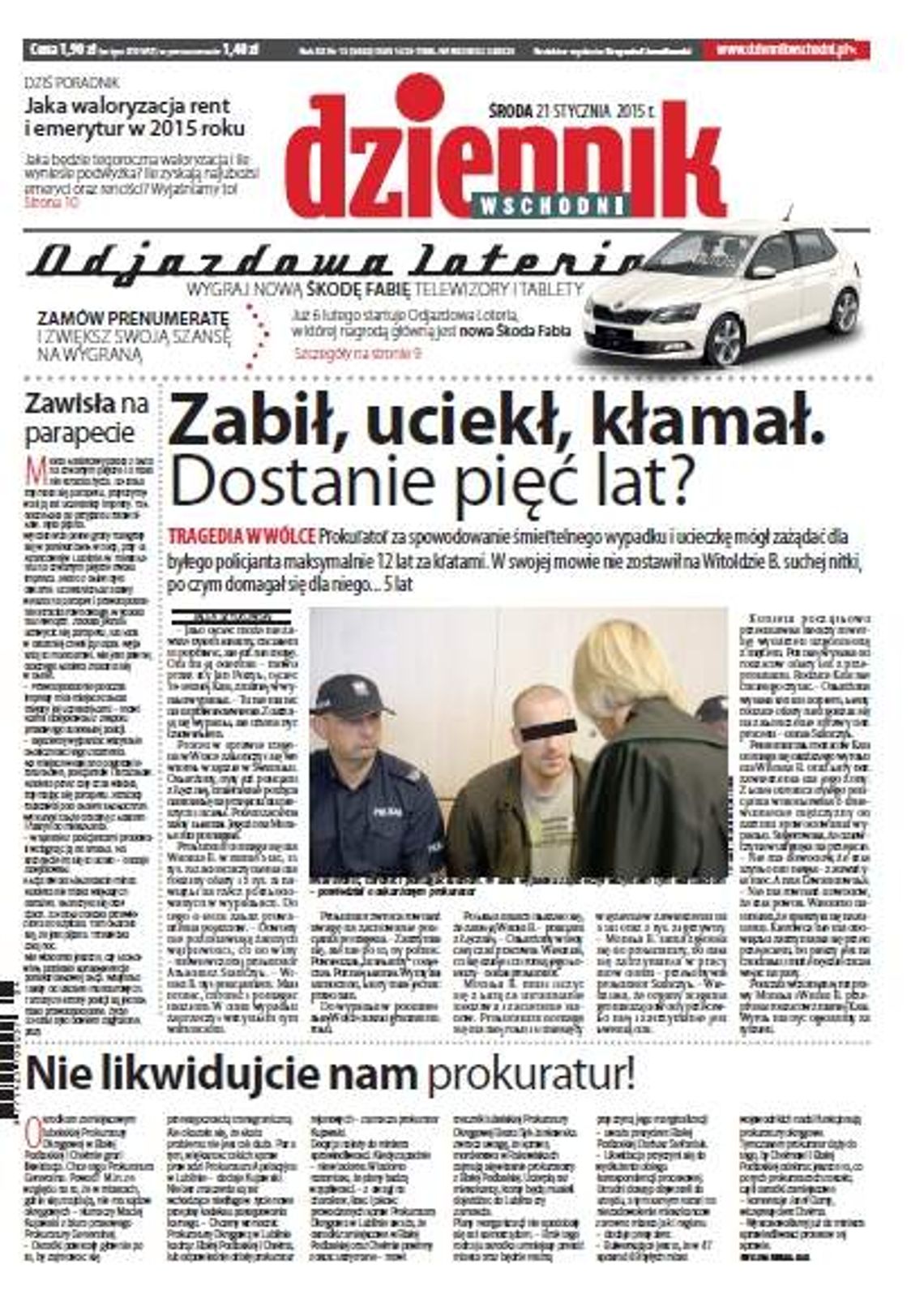 Pierwsza strona Dziennika Wschodniego, wydanie z 21 stycznia 2015 roku