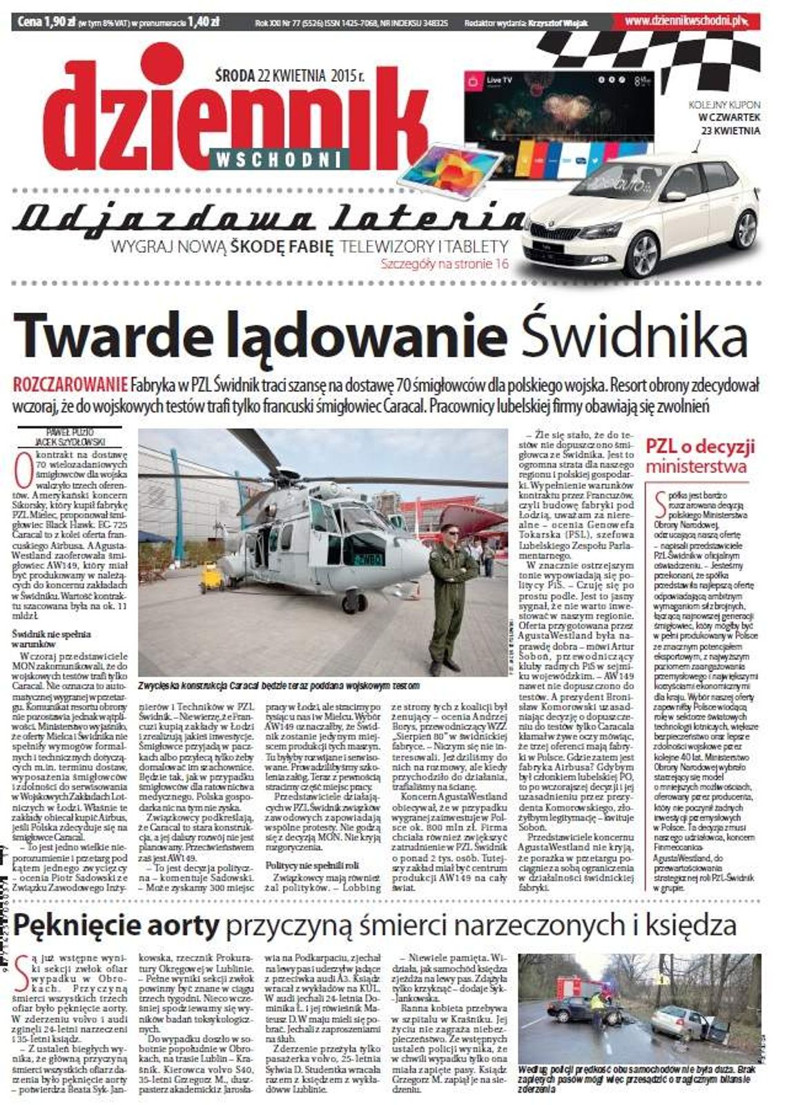 Pierwsza strona Dziennika Wschodniego, wydanie z 22 kwietnia 2015 roku