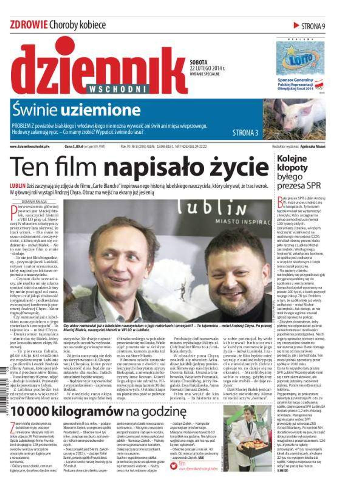 Pierwsza strona Dziennika Wschodniego, wydanie z 22 lutego 2014 roku