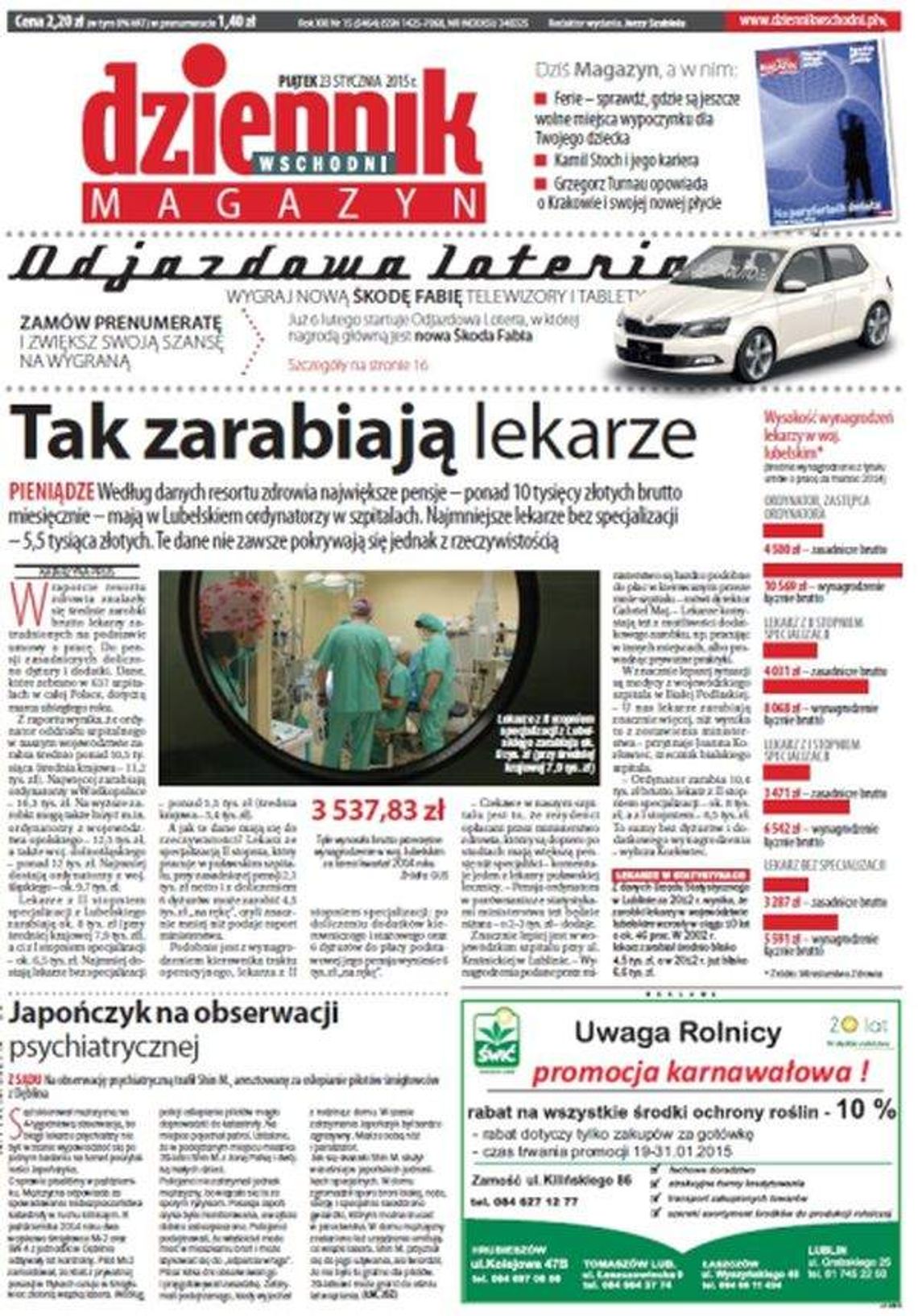 Pierwsza strona Dziennika Wschodniego, wydanie z 23 stycznia 2015 roku