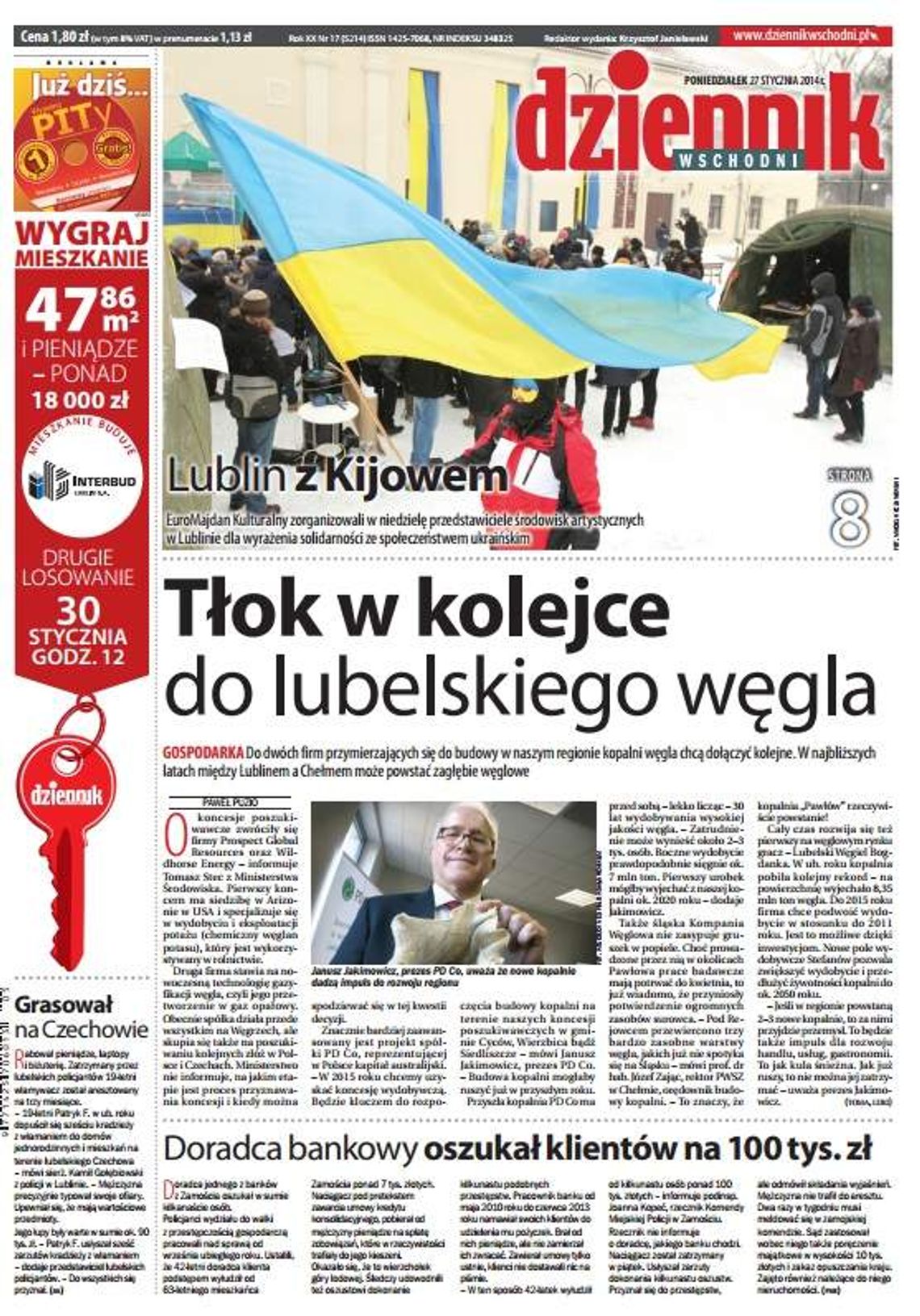 Pierwsza strona Dziennika Wschodniego, wydanie z 27 stycznia 2014 roku