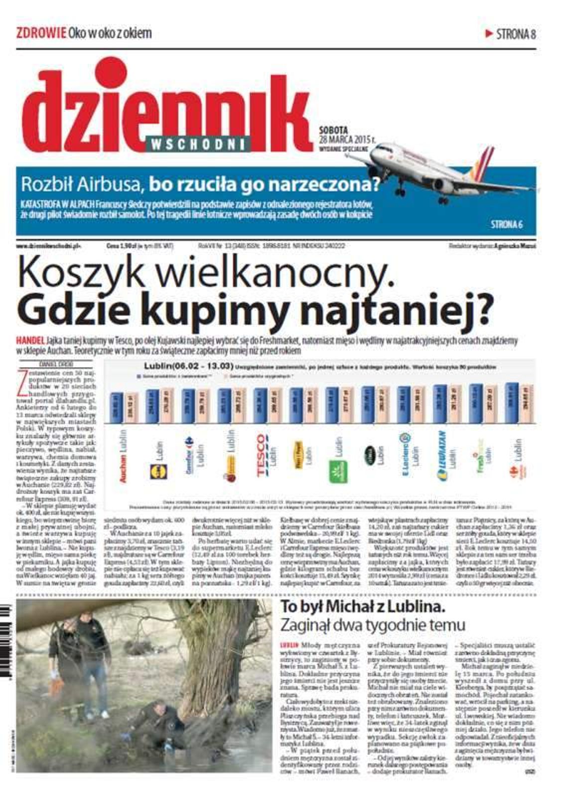 Pierwsza strona Dziennika Wschodniego, wydanie z 28 marca 2015 roku